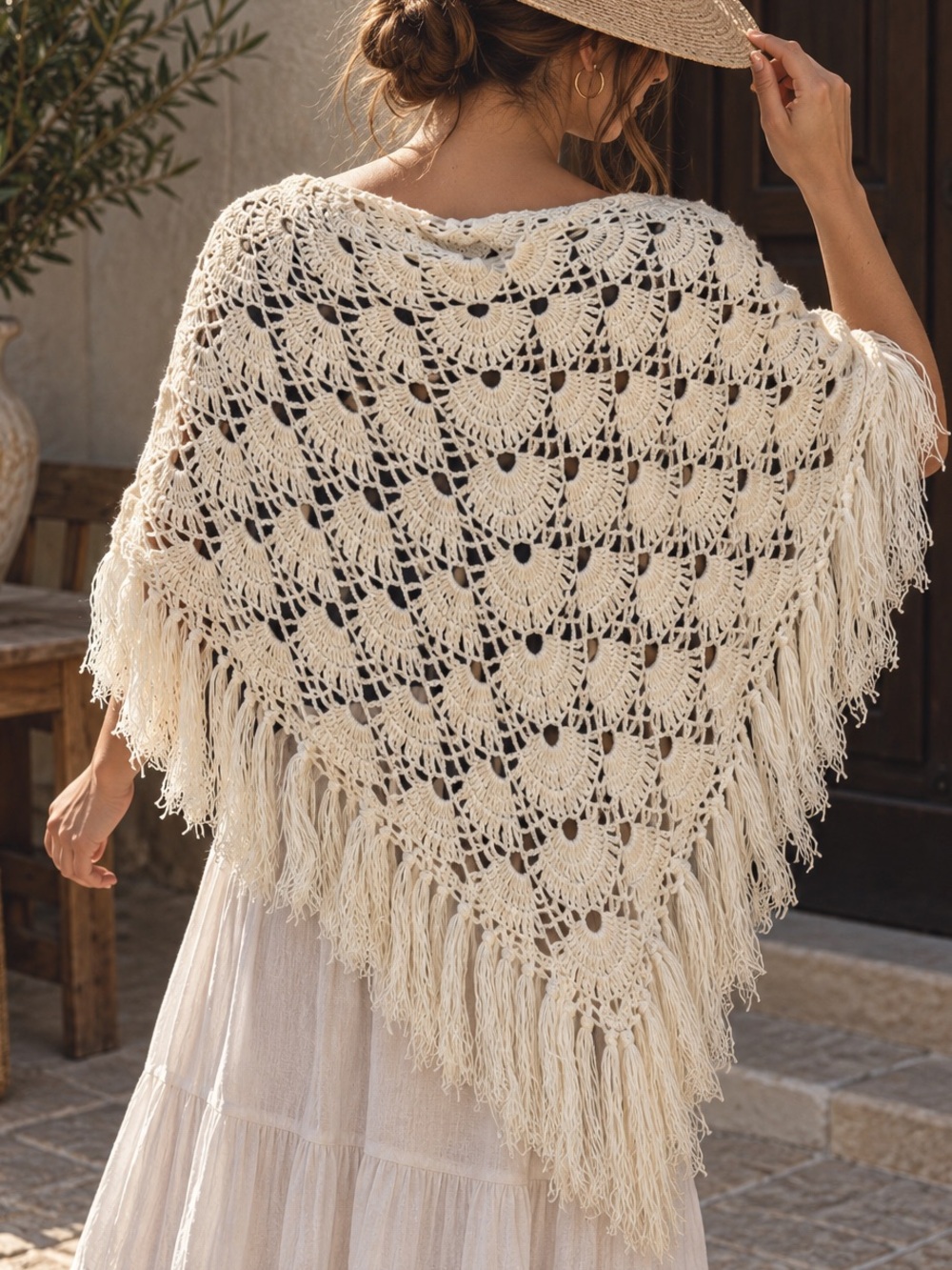 Boho Crochet Fringe Wrap in Cream